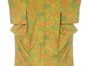 未使用品　裂取りに花鳥更紗模様小紋着物